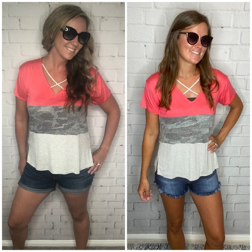 Fantastic Fawn Coral, Camo and Stripe Top